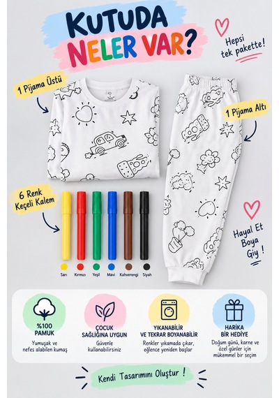 Pijamask Boyanabilir Unisex Çocuk Pijama Takımı 6 Renk Keçeli Kalem Hediyeli, Yıka Tekrar Boya, %100 Pamuk Beyaz