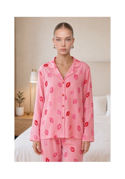 Fit Women Kadın Dudak Desenli Pembe Pijama Takımı 4677
