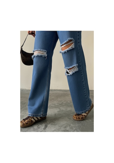 Blue Marlın Çift Diz Lazer Yırtık Boyfriend Bol Paça Jeans Mavi