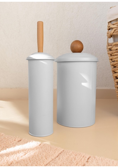 The Mia Stripe Çöp Kovası & Tuvalet Fırçası Banyo Seti Beyaz Beyaz