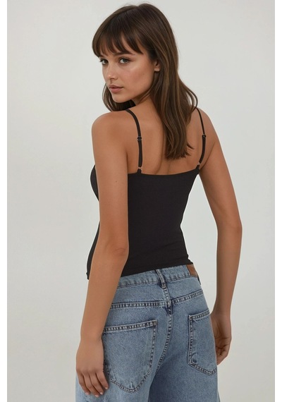 Hiccup Dantel Şeritli Örme Askılı Slim Fit Üst Siyah