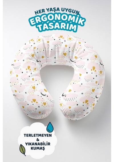 Pembe Bulut Desenli Pamuklu Boyun Yastığı - Sevimli Kalp Yıldız Çocuk & Yetişkin Seyahat Yastığı Mat Gün Batımı Vizon