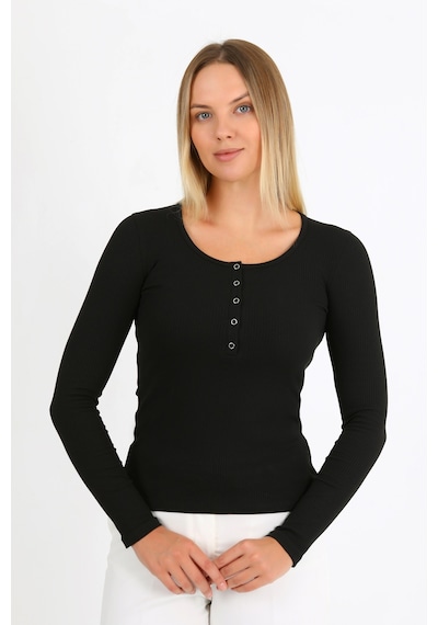 Hdm Kadın Siyah Uzun Kollu Fitilli Patlı Çıtçıtlı Basic Örme Bluz - H6172