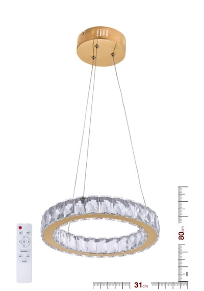 Ala Lighting Plaket Kristal Taş İşlemeli Gold Paslanmaz Tekli Led Avize - Kumandalı 3 Renk Altın - Gold