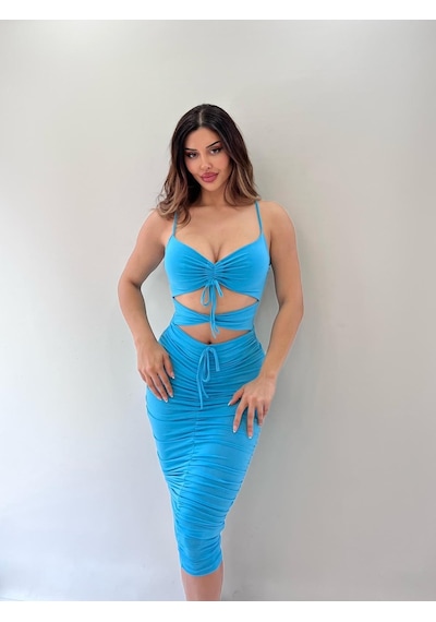 Pink Life Turkuaz Sandy Kumaş Full Likra Kalem Elbise Turkuaz