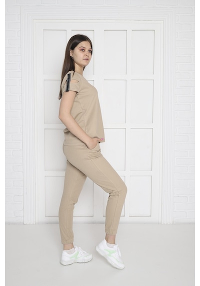 Kadın Spor Koyu Bej Alt-Üst T-Shirt Takım-3941 Koyu Bej