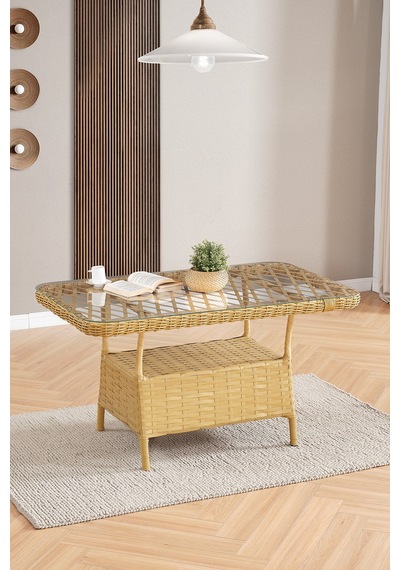 Roma Rattan Bahçe Balkon Takımı 2+1+1 Cam Masalı Cappuccino