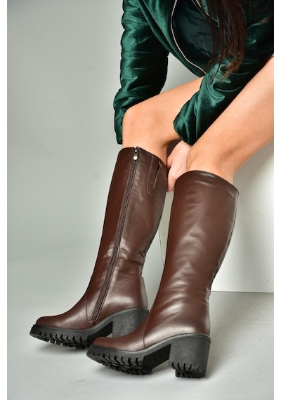 Fox Shoes R654047703 Kahverengi Hakiki Deri Kalın Topuklu Kadın Çizme Kahverengi