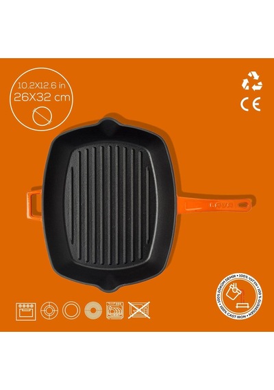 Metal Döküm Izgara Tava, Metal Saplı, 26x32 Cm, Turuncu Çok Renkli