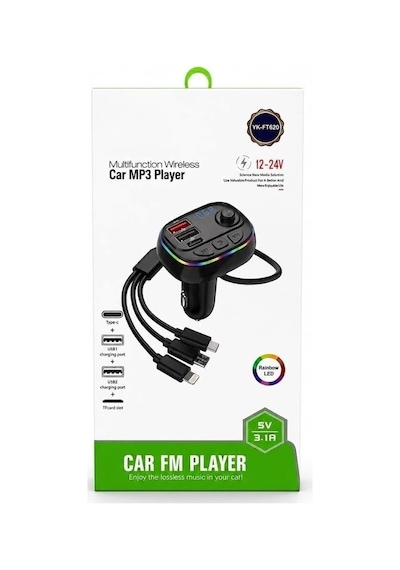 Yk-ft620 Led Işıklı, Bütün Telefonlarla Uyumlu 3 Lü Kablolu, Araç Fm Transmitter 5.0 Bluetooth Araç Kiti, 3.1amper Hızlı Şarj Çakmaklık Girişli