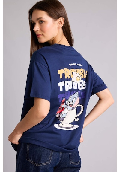 Defacto %100 Pamuk Tom & Jerry Oversıze Bisiklet Yaka Sırt Baskılı Kısa Kollu Tişört H4193ax26aunv241 Lacivert-nv241