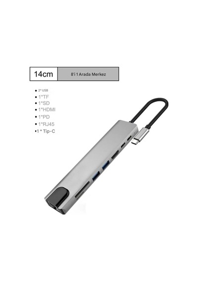 8 İn 1 Type-c Çıkışlı Çoklu Çevirici Adaptör Ethernet Hdmı Usb Çoklayıcı Sd Tf Kart Okuyucu Usb Hub