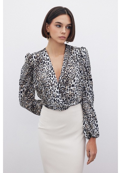 Sateen Leopar Desenli Bodysuit - Siyah-135268 Siyah