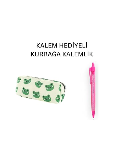 Yeşil Kurbağa Tatlı Kalemlik - Okul Kalemliği-makyaj Çantası Ve Hediye Pembe Uçlu Kalem Çok Renkli