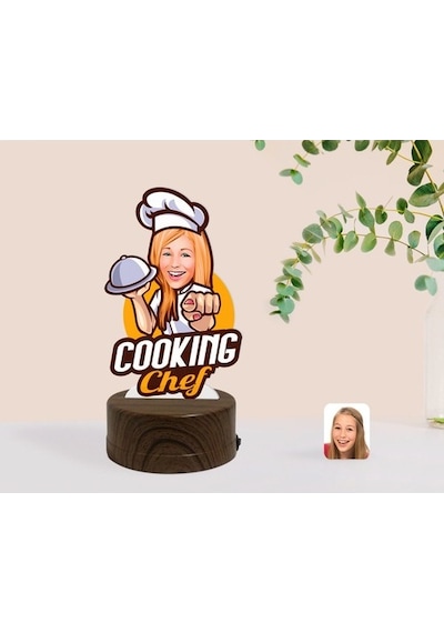 Kişiye Özel Kadın Chef Karikatürlü Dekoratif 3D Biblo Led Işıklı (481501222)