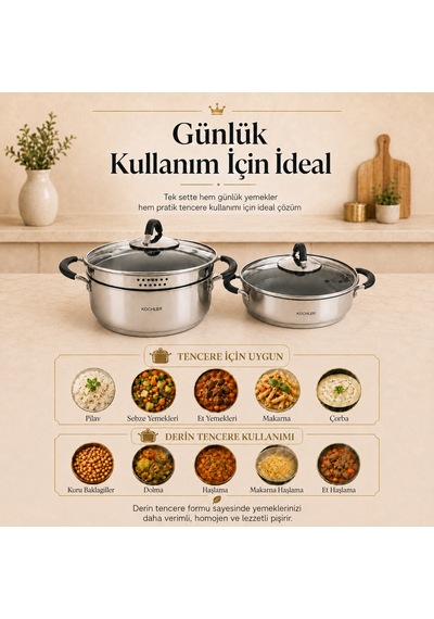 8 Parça Paslanmaz Çelik Tencere Seti İndüksiyon Ocak Uyumlu, Süzgeç Kapaklı Gümüş