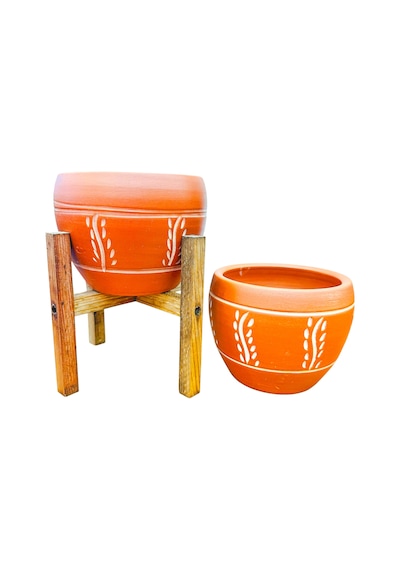 BİTKİ TASARIMI EV DEKORASYON NAKIŞ DESENLİ TERRAKOTA TOPRAK SAKSI SAKSILIK SALON ÇİÇEKLİK İKİLİ SET AYAKSIZ - 4 AYAKLI- 15 CM