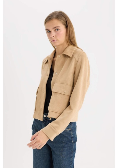 DeFacto Regular Fit Polo Yaka Cepli Basic Düz Süet Ceket Mont E6033AX25SPBG294 Bej