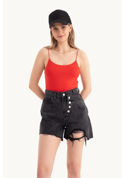 Hiccup Askılı Crop Basic Kısa Bluz Kırmızı