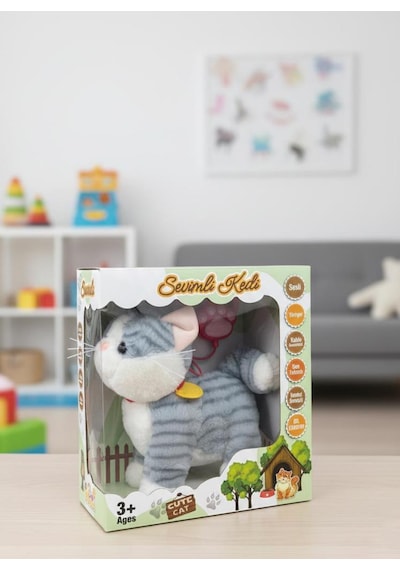 Sevimli Kedi Kumandalı Sesli Miyavlıyan Dil Çıkaran 5 Fonksiyonlu Oyuncak Peluş Hayvan Beyaz Gri Çok Renkli