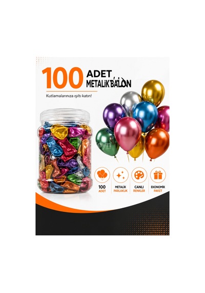 Metalik Balon 100'lü Kavanoz Paket Parlak Renkli Parti Süs Balonu Doğum Günü, Yılbaşı, Baby Shower Ve Organizasyon Balonu Çok Renkli
