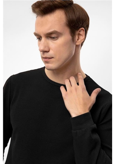 Süvari Siyah Slim Armürlü Bisiklet Yaka Sweatshirt Siyah