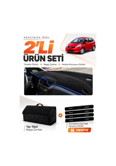 Honda Jazz 2009-2013 Uyumlu Torpido Örtüsü + Tay Tüyü Bagaj Çantası + Sticker Seti - Siyah