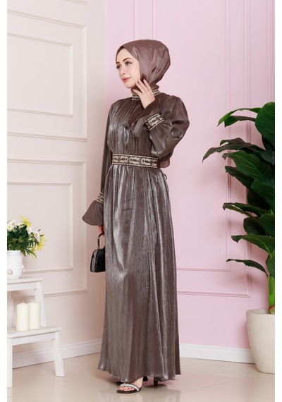 Kolu Volanlı Nakış Detaylı Abiye-kahverengi-4709