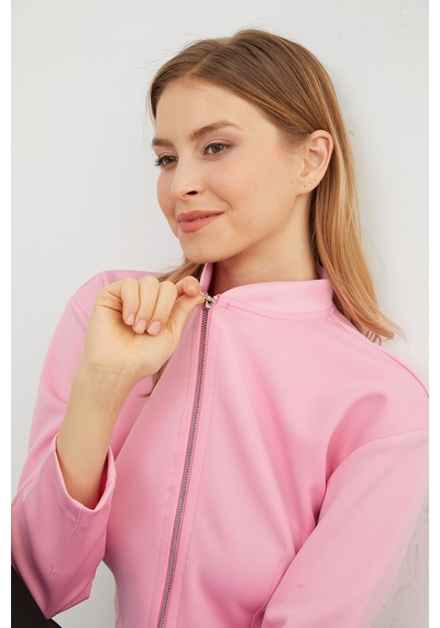 Fullamoda Fermuarlı Hakim Yaka Crop Spor Ceket Pembe
