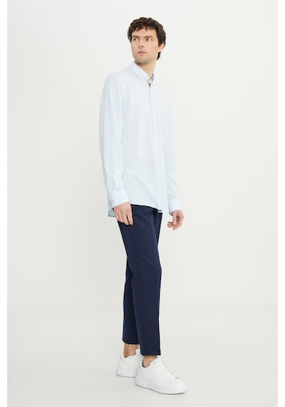 AC&Co / Altınyıldız Classics Erkek Mavı 360 Her Yöne Esneyen Pamuklu Slim Fit Dar Kesim Düğmeli Yaka Örme Gömlek Mavı