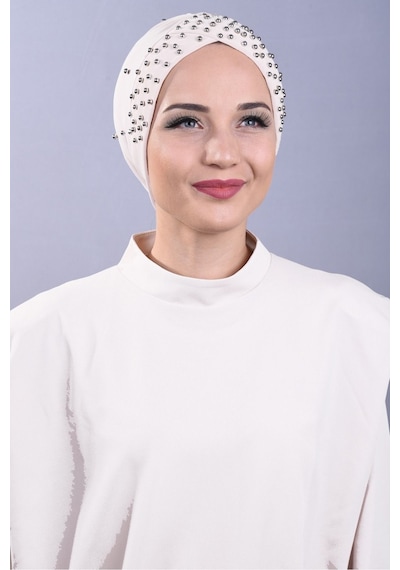 Melodi Scarf Kadın Tesettür İncili Taşlı Havuz Dış Bone Ekru Ekru