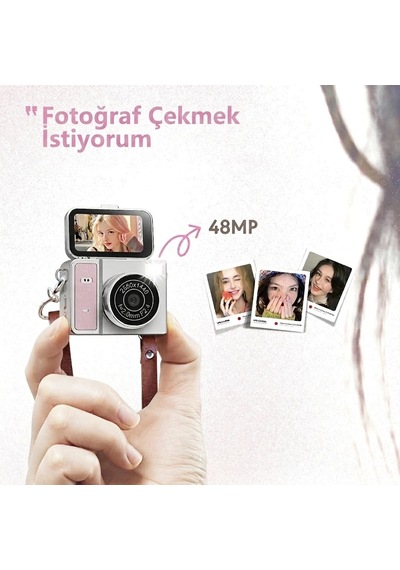 2k Mini Dijital Retro Video Kamera Flaşlı Dijital Vlog Mini Fotoğraf Makinesi Türkçe Menü Bej