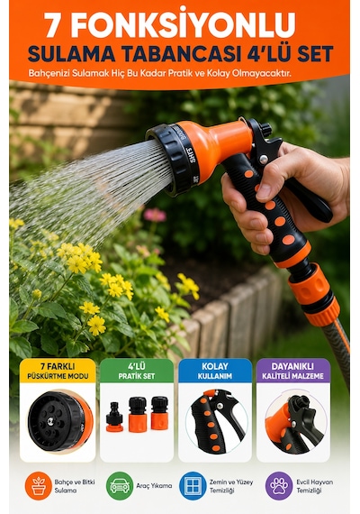 4 Lü Set - 7 Fonksiyonlu Bahçe Sulama Tabancası Hortum Başlığı Araç Yıkama Aparatı 4 Parça