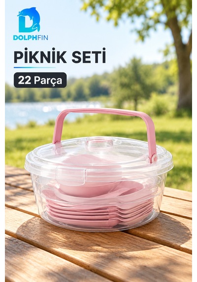 Piknik Seti 22 Parça 4 Kişilik Taşıma Kutulu Plastik Tabak Çatal Kaşık Seti Çok renkli