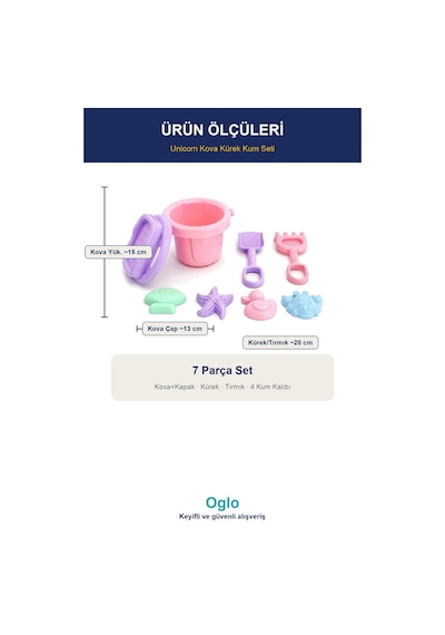 Unicorn Figürlü Kova Kürek Seti 7 Parça Plaj Kum Oyuncağı, Kalıplı Deniz Kumu Seti 3+ Yaş