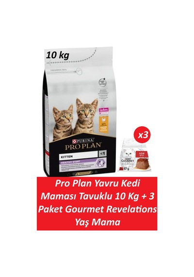 Pro Plan Yavru Kedi Maması Tavuklu 10 Kg + 3 Adet Gourmet Sığır Etli Yaş Mama
