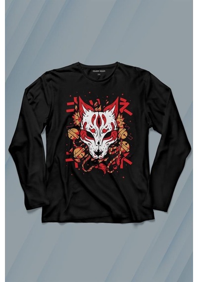 Kitsune Mask Japanese Japon Kültür Uzun Kollu Tişört Baskılı T-shirt 001