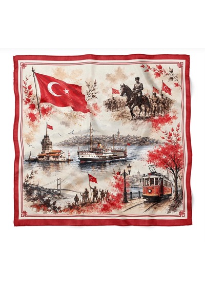 Minjuanrong Atatürk Fular 29 Ekim-10 Kasım Temalı Beyaz-siyah-kırmızı