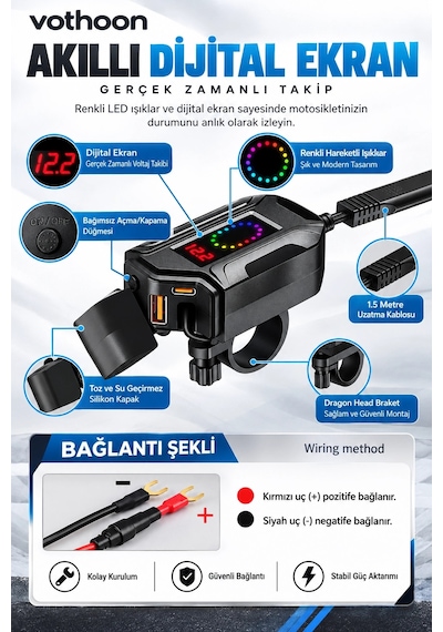 Motosiklet Telefon Tutucu Ayna Ve Gidon Bağlantılı Telefon Şarj Cihazı Geri Sarılabilir Type-c Kablo Siyah