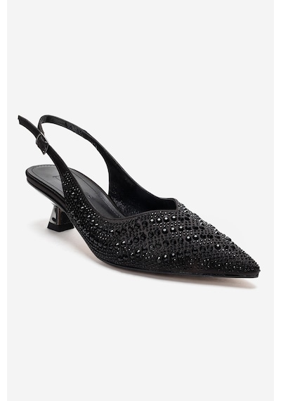 Luvishoes Royale Siyah Saten Taşlı Kadın Kısa Topuklu Abiye Ayakkabı