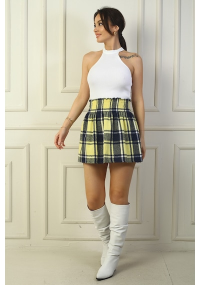 By Saygı Kadın Beli Lastikli Ekose Kareli Mini Kaşe Etek Sarı