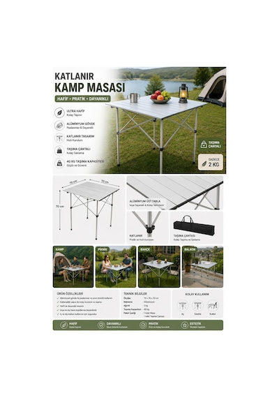Katlanır Alüminyum Kamp Masası İnce, Hafif, Dayanıklı Ve Kolay Taşınabilir-70x70 Cm-gri Çok Renkli