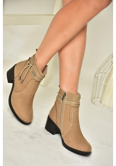Fox Shoes T555703303 Vizon Hakiki Deri Kalın Topuklu Kadın Bot Vizon