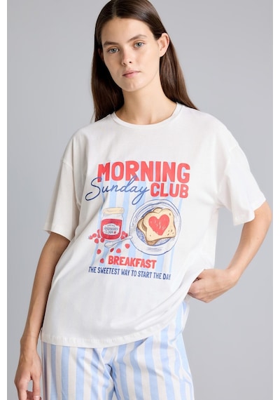 Defacto Regular Fit Kısa Kollu Baskılı Çizgili 2li Pijama Takımı I8337ax26aube250 Mavi-be250