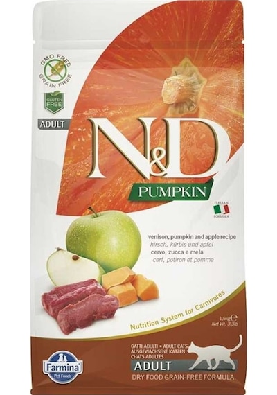 N&D Pumpkin Tahılsız Geyik Etli, Bal Kabaklı ve Elmalı Yetişkin Kedi Maması 5 KG