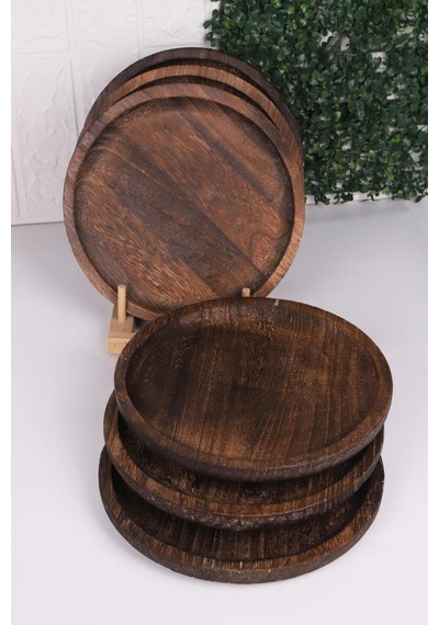 Bambum Patrin Doğal Ahşap Yuvarlak Küçük Tabak 6 Lı Set 25x2 Cm Kahverengi
