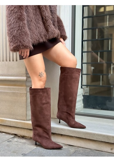 Erva'nın Butiği Kahve Süet Veray Xl Oversize Kalın Baldır 5 Cm Mini Topuk Çizme-6517