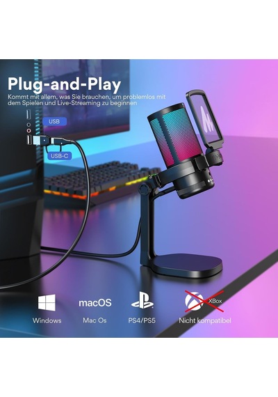 Pc İçin Usb Mikrofon, Sessiz Düğmeli Rgb Oyun Mikrofonu, Gürültü Önleyici Kondenser Mikrofon, Akış, Podcast, Ka