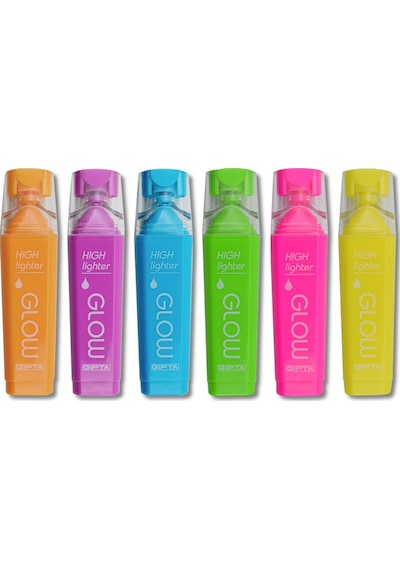 Gıpta Glow Kesik Uç Neon Fosforlu Kalem 6 Renk Set Turuncu-mavi-mor-sarı-pembe-yeşil Çok Renkli