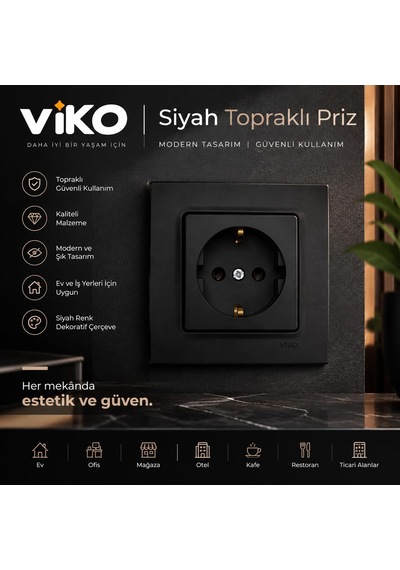 Viko Gece Siyah Topraklı Priz Şık Tasarım Duvar Tipi Elektrik Prizi Diğer